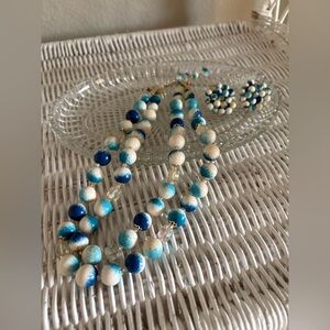 Vtg Blue Marble Japan Bead Necklace w Matching Clip Earrings - Shop to Rescue 🐶